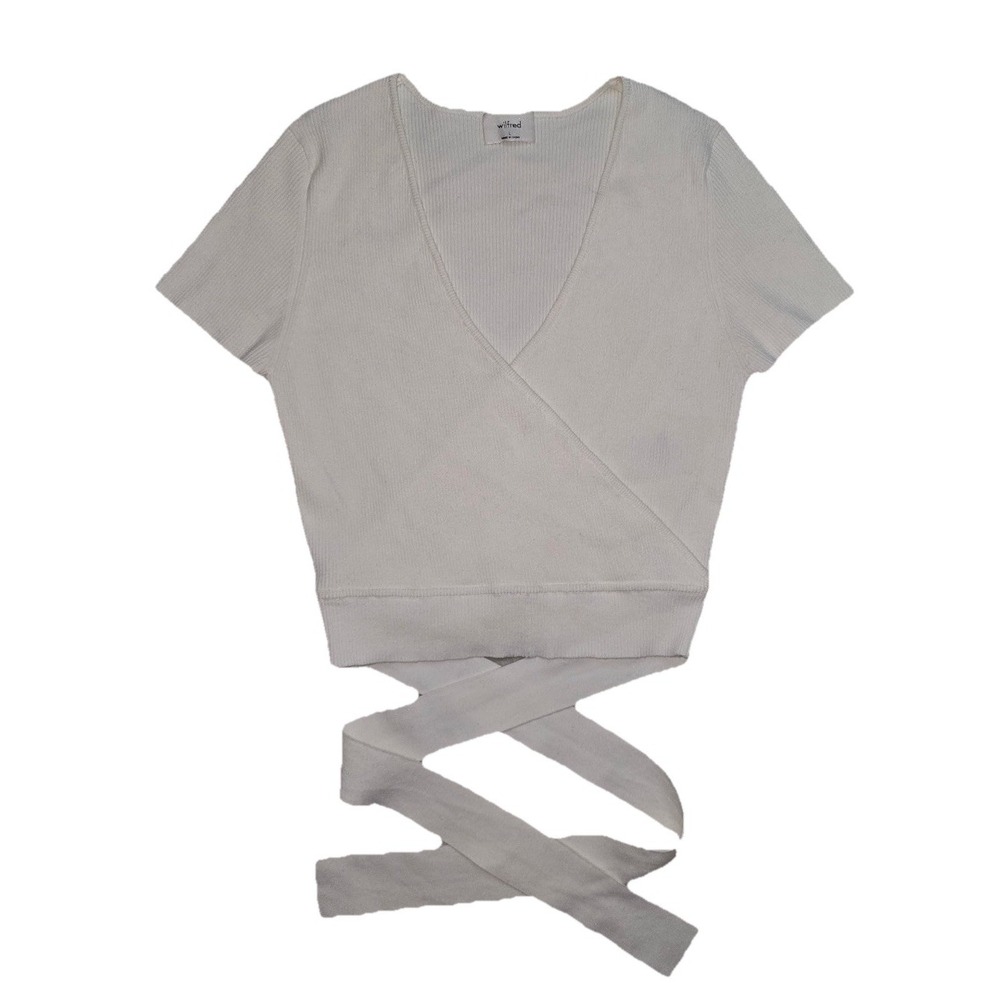 Aritzia Wilfred All Tied Up Sweater Women's L White Short Sleeve V Neck Ribbed